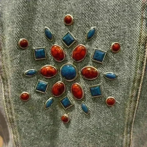 ABS by Allen Schwartz light washed with colorful stone jean jacket size small - Picture 8 of 15